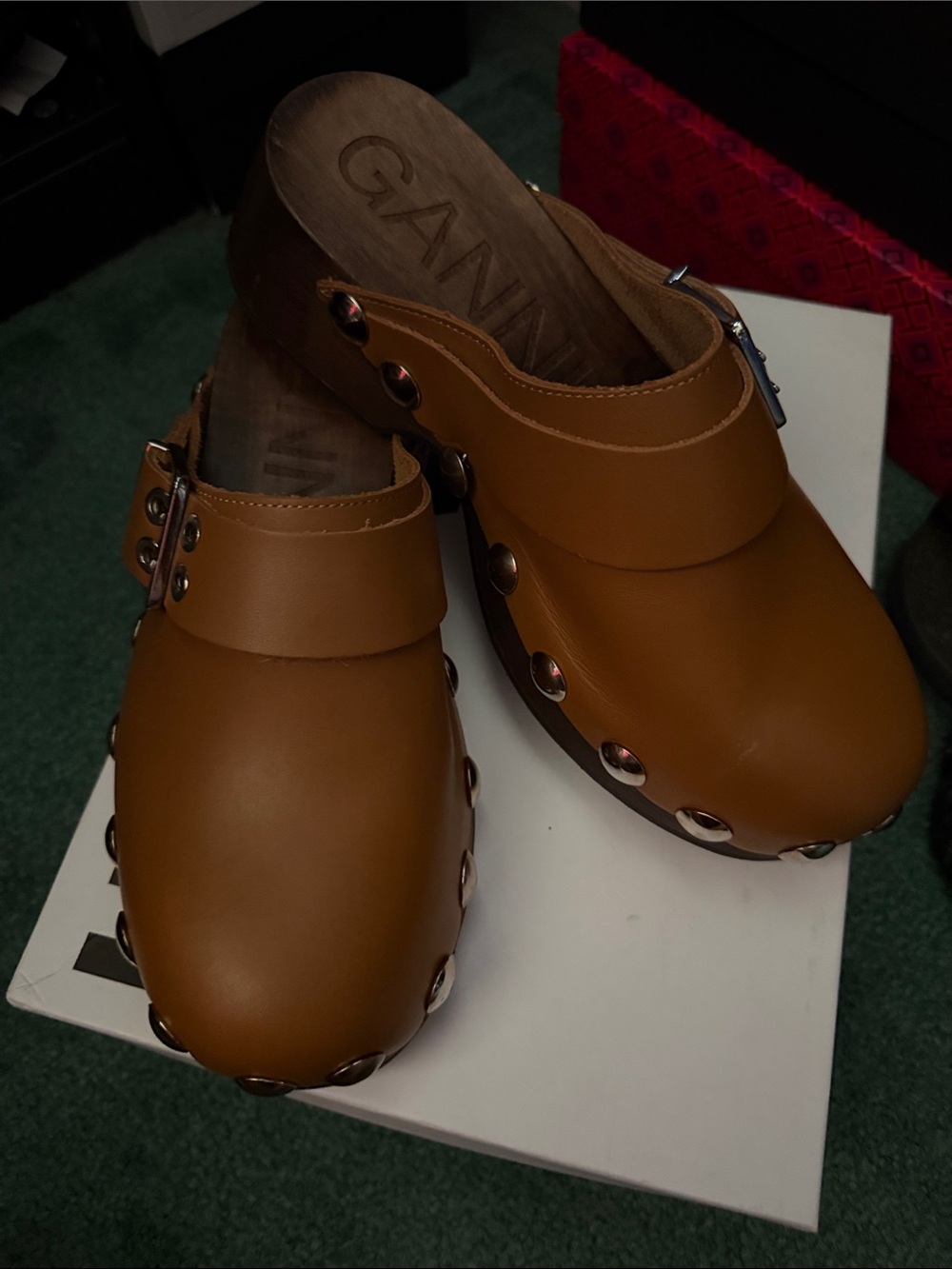 Ganni Tan Leather Studded Clogs Size 40 New
